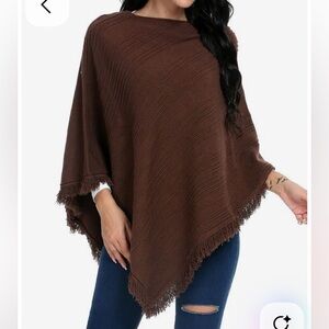 NWT Chocolate Brown Fringed Textured Poncho S225